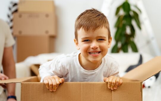 Little boy playing inside a moving box on a moving day