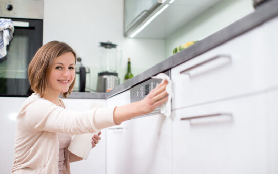 young woman doing housework, cleaning the kitchen